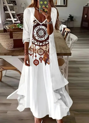 Independent Stand Floral Print Women's Dress Two-Piece Set Short Sleeve Ankle-Length Polyester Fiber Regular Waist Line