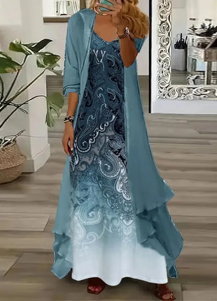 Independent Stand Floral Print Women's Dress Two-Piece Set Short Sleeve Ankle-Length Polyester Fiber Regular Waist Line