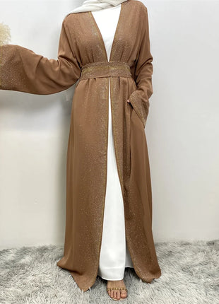 Hot Selling Ramadan Rhinestone Cardigan Islamic Dresses With Pockets Kebaya Muslim Kimono Abaya Dubai Modest Clothing Women EID