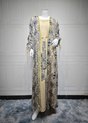 Charming Light Blue Two Piece Abaya Set Gold Patterned Outer Robe Belted Mint Inner Dress for Islamic Ramadan in the MIddle East