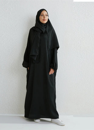 Muslim Abaya Prayer Dress One-piece Hooded Smocking Sleeve Islamic Clothing Women Jilbab Dubai Saudi Black Robe Turkish Modesty