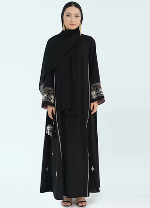 Middle East Style Muslim Kaftan Black Fabric Embroidered Sleeve Design White Line Accents for Gulf Region Modest Fashion Events