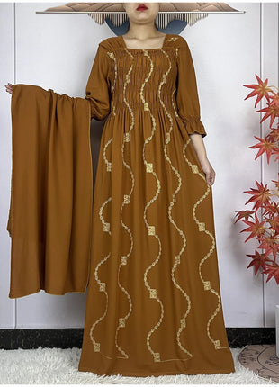 New African Abaya Women Elegant Dress Collect Waist Straight Cotton Embroider Dress Loose Caftan Femme Clothing Islamic Dresses