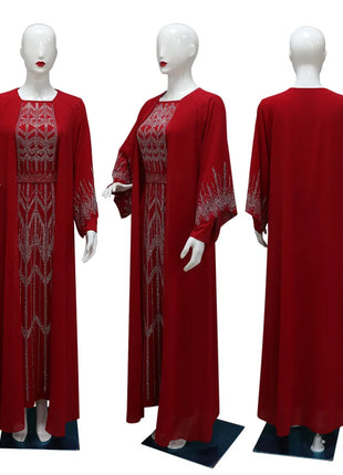Eid Muslim Party Dress for Women Fake 2 Piece Diamond Ramadan Abaya Belt Flare Sleeve Kaftan Vestidos Largos Dubai Robe Jalabiya