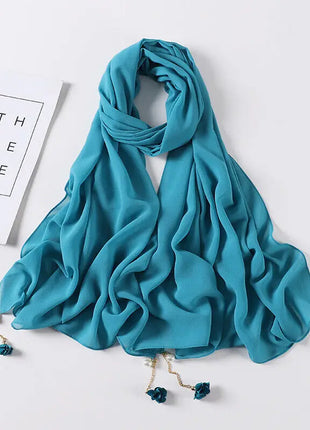 Fashion Flowers Pearl Tassel Chiffon Long Scarf Hijabs Elegant Womens Party Turban Headwear Solid Color Headscarf Shawls Scarves