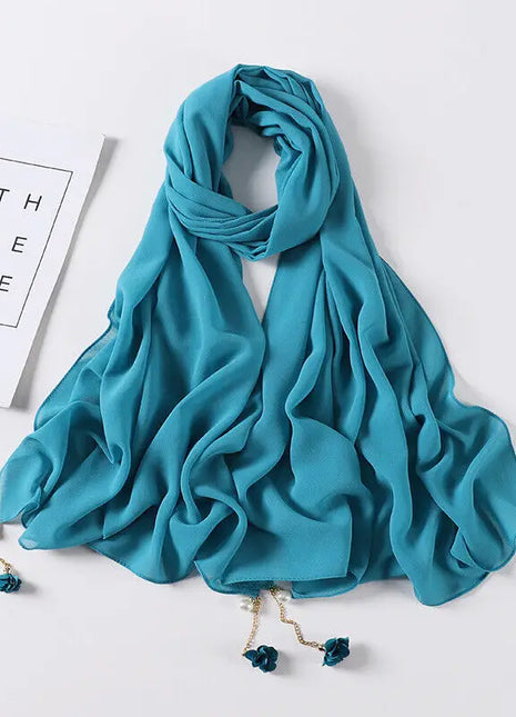 Fashion Flowers Pearl Tassel Chiffon Long Scarf Hijabs Elegant Womens Party Turban Headwear Solid Color Headscarf Shawls Scarves