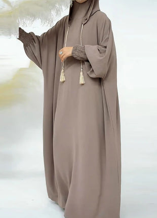 Women Tassel Abayas Muslim Ramadan Prayer Clothing With Hooded Jalaba Solid Casual Batwing Sleeve Arab Oriental Robe Eid Djellab