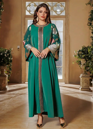 Ramadan Muslim Women's Gold Stamping Petal Sleeve Abaya O-Neck Stripe Dubai Dresses For Women Gala