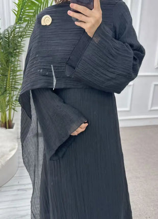 Two Piece Middle East Muslim Cardigan Set for Women Ramadan Eid Dubai Modest Abaya Dress Elegant Islam Solid Turkey Robe Outfit