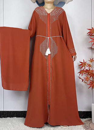2024 Muslim Abaya For Women Long Sleeved Chiffon Diamonds Loose Fit Femme Robe Islam Maxi Dubai Fashion Party Dresses With Scarf