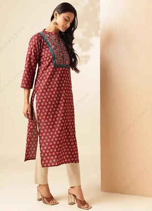 Spring Summer Women's Ethnic Maroon Floral Print Kurta Indian Tunic Top Long Kurti Dress Boho Chic Thin Daily Wear