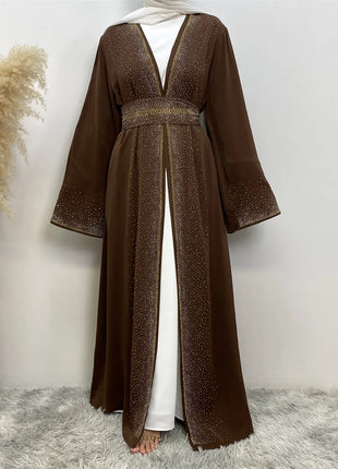 Hot Selling Ramadan Rhinestone Cardigan Islamic Dresses With Pockets Kebaya Muslim Kimono Abaya Dubai Modest Clothing Women EID