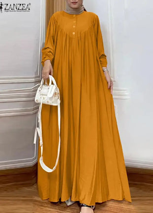 ZANZEA Solid Muslim Fashion Islamic Dress Women's Vintage Turkey Abaya Robe Long Sleeve Hijab O Neck Pleated Loose Kebaya 2025