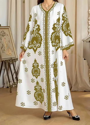 Long Dress Abayas Women Eid Muslim Dresses Bronzing Print V Neck Jalabiya Arab Morocco Dubai Kaftan 2025 Vestidos Ramadan Robe