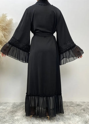 Fashion Lace Stitching Muslim Abaya Dubai Full Length Flare Sleeve Lace Abaya Dubai Turkey Muslim Islam Robe With Belt WY1391