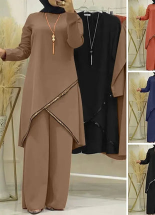 Women Eid Musulman Ensemble Muslim Sets Solid Blouses Wide Leg Pants Ramadan Morocco Two Pieces Dubai Kaftan Loose Modest