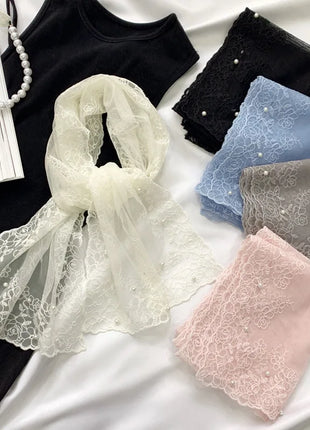 New Lace Beaded Silk Scarf Women's Spring and Autumn Thin Shawl Outer Decorative Scarf Yarn Versatile Tide