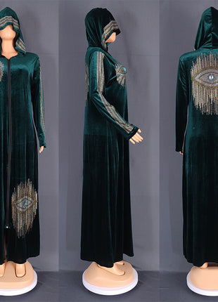 Long Sleeved Hooded Muslim Dress Velvet Diamond Clothing for Women Dubai Abayas Casual Korean Style Kaftan Evening Dress Abayas