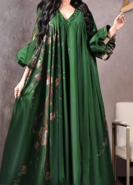 Vintage Printed Dress Women Breathable Loose Middle Eastern Robe Casual Long Sleeve Abaya V-neck Loose Muslim Abayas for Women
