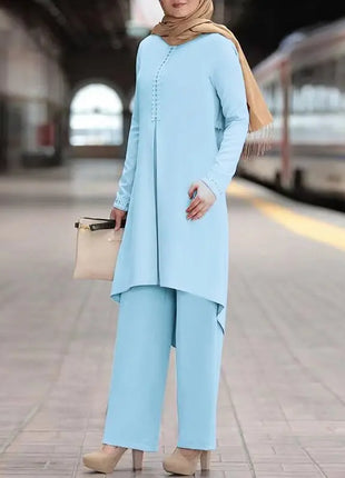 Ramadan Two Piece Sets Shirt &Pants Women Muslim Suits Shirt Blouse Musulman Ensembles Moroccan Kaftan Islamic Dress Sets