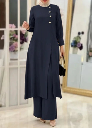 Ramadan Women Eid Muslim Two Pieces Set Split Blouse & Pant Musulman Ensemble Button Shirt Pants Matching Sets Femme Abaya 2024