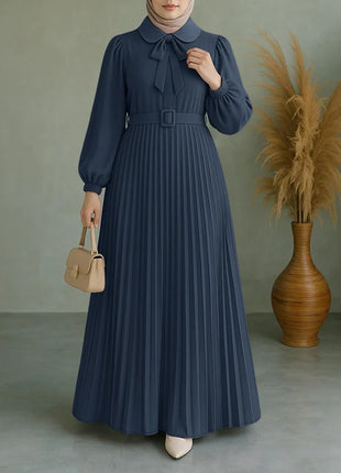 Elegant Muslim Dress Abaya ZANZEA Women 2025 Autumn Dresses Long Lantern Sleeve Pleated Sundress Belted Robe Femme Party Vestido