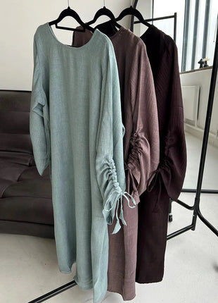 Eid Modest Dress for Women Abaya Lace-up Sleeve Morocco Party Dresses Ramadan Vestidos Largos Kaftan Islam Dubai Arab Long Robe