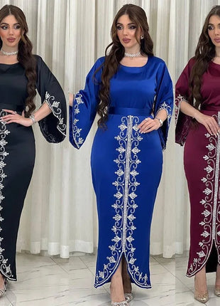 Elegant Satin Evening Gown Muslim Dress Women Abaya Long Sleeve Turkish Dresses Stylish Diamond Women Maxi Dress Dubai Kaftan