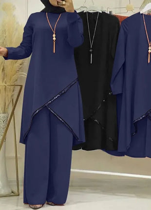 Women Eid Musulman Ensemble Muslim Sets Solid Blouses Wide Leg Pants Ramadan Morocco Two Pieces Dubai Kaftan Loose Modest