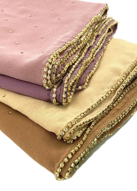 High Quality Rhinestone Chain Pearl Chiffon Long Scarf Hijabs Elegant Dubai Muslim Womens Party Wrapped Turban Shawls Headwear