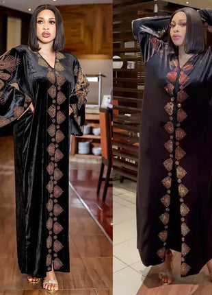 Velvet African Dresses for Women Evening Party Dress Dashiki Africa Clothing Long Robe Dubai Moroccan Flare Sleeve Nigeria Gown