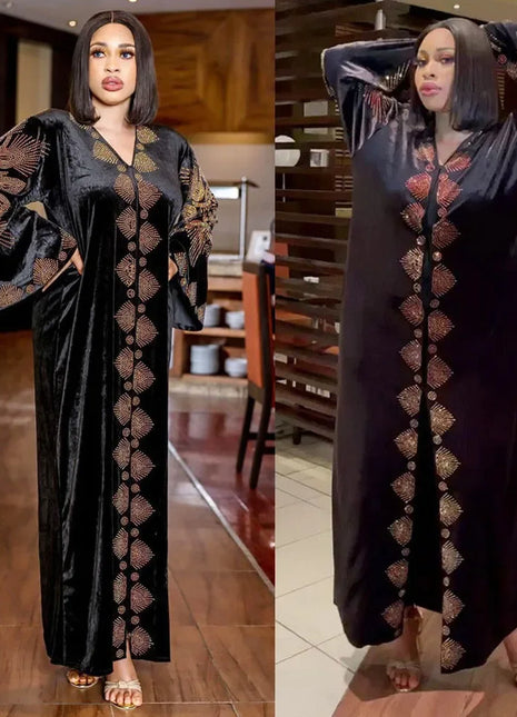Velvet African Dresses for Women Evening Party Dress Dashiki Africa Clothing Long Robe Dubai Moroccan Flare Sleeve Nigeria Gown