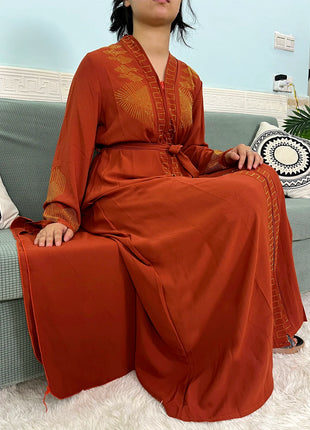 Muslim Chiffon Abayas For Women 2024 Dubai Islam Loose Fit  Femme Robe Long Sleeved Diamond Studded Solid Color With Belt Turban