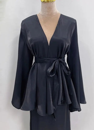 Ramadan Satin Abaya Dubai Turkey Islam Muslim Modest Dress Sets Prayer Clothes For Women Kaftan Robe Femme Musulmane