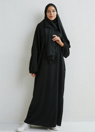 Muslim Abaya Prayer Dress One-piece Hooded Smocking Sleeve Islamic Clothing Women Jilbab Dubai Saudi Black Robe Turkish Modesty