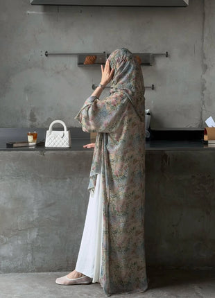 Middle Eastern Elegant Arabic Traditional Cardigan Long-Sleeved Floral Print Abaya Robe with Headscarf