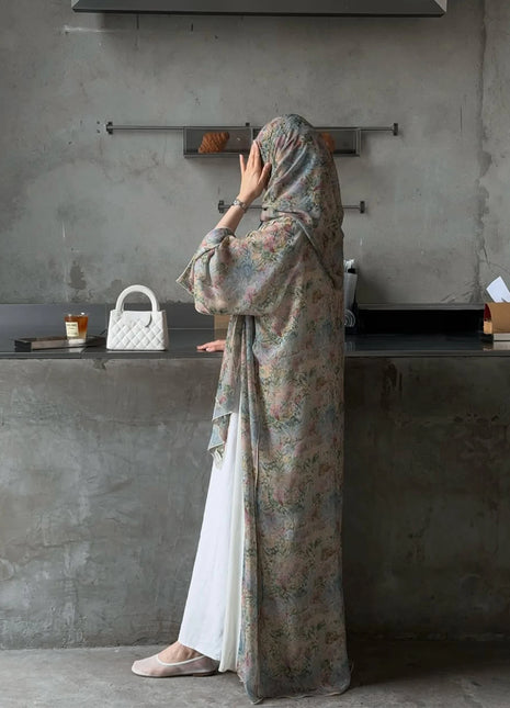 Middle Eastern Elegant Arabic Traditional Cardigan Long-Sleeved Floral Print Abaya Robe with Headscarf