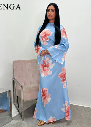 Arabesque Bell Sleeve Flowy Maxi Abaya Dress Elegant Floral Print Muslim Modest Long Dress Islamic Vacation Outfit Summer Robe