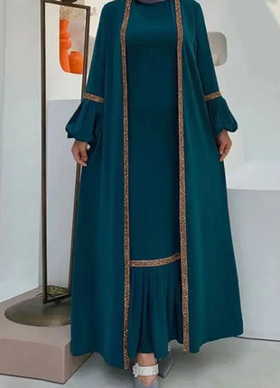 Muslim Women Hijab Dress 2 Piece Set Eid Lantern Sleeve Maxi Long Dress Islamic Clothing Caftan Kimono Big Swing Abaya Dresses
