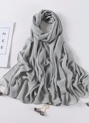 Fashion Flowers Pearl Tassel Chiffon Long Scarf Hijabs Elegant Womens Party Turban Headwear Solid Color Headscarf Shawls Scarves
