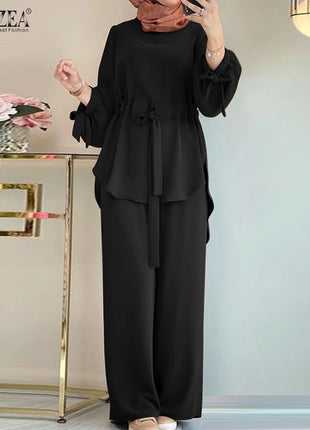 ZANZEA Muslim Women Matching Sets Long Sleeve Solid Color Tops And Loose Pant Suits Elegant Fashion Casual Tracksuit Kaftan 2025