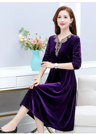 Elegant Purple Velvet Dress With Embroidered Lace V Neck And Belted Waist For Women Autumn Winter Casual Wear