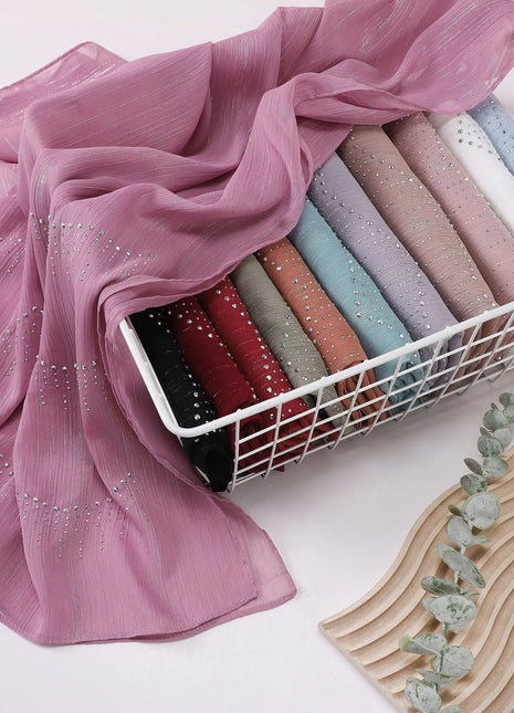 Luxury Rhinestone Chiffon Hijabs Woman Muslim Scarf Shawls Solid Lady Party Shawl Wraps Islamic Turban Female Headscarf Ramadan