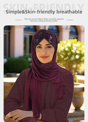 2025 Muslim Women Instant Scarf Sequin Hijab Turban Pull On Headscarf Ramadan Islam Pray Hijabs Niqab Nikab Pull On Head Wrap