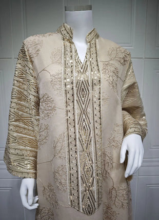 Muslim Women's Black Islamic Embroidered Abaya with Gold Detailing Ideal for Formal Occasions in Middle East like UAE and Saudi