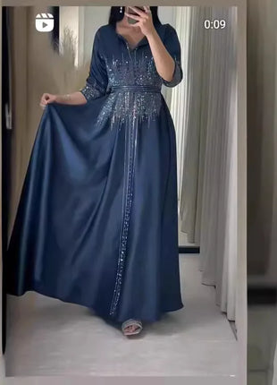 Muslim Satin Dress for Women Fashion Diamond Evening Dress Abaya Dubai Dinner Robe Muslim Dress Women Clothes for Muslim Women