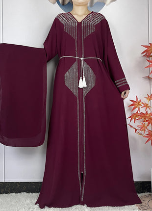 2024 Muslim Abaya For Women Long Sleeved Chiffon Diamonds Loose Fit Femme Robe Islam Maxi Dubai Fashion Party Dresses With Scarf