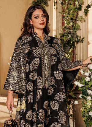 Muslim Women's Black Islamic Embroidered Abaya with Gold Detailing Ideal for Formal Occasions in Middle East like UAE and Saudi