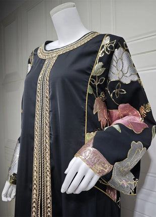 Siskakia Ramadan Muslim Women's Gold Stamping Petal Sleeve Abaya O-Neck Stripe Dubai Dresses For Women Gala