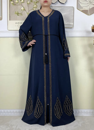 New Dubai Women Elegant Dress Diamonds Chiffon Open Abaya with Zipper Islamic Turkey Clothing Women Muslim Party Evening Dress